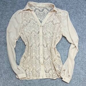 Irenes Story Womens See Through Cream Lace Overlay Blouse Button Down Size Med